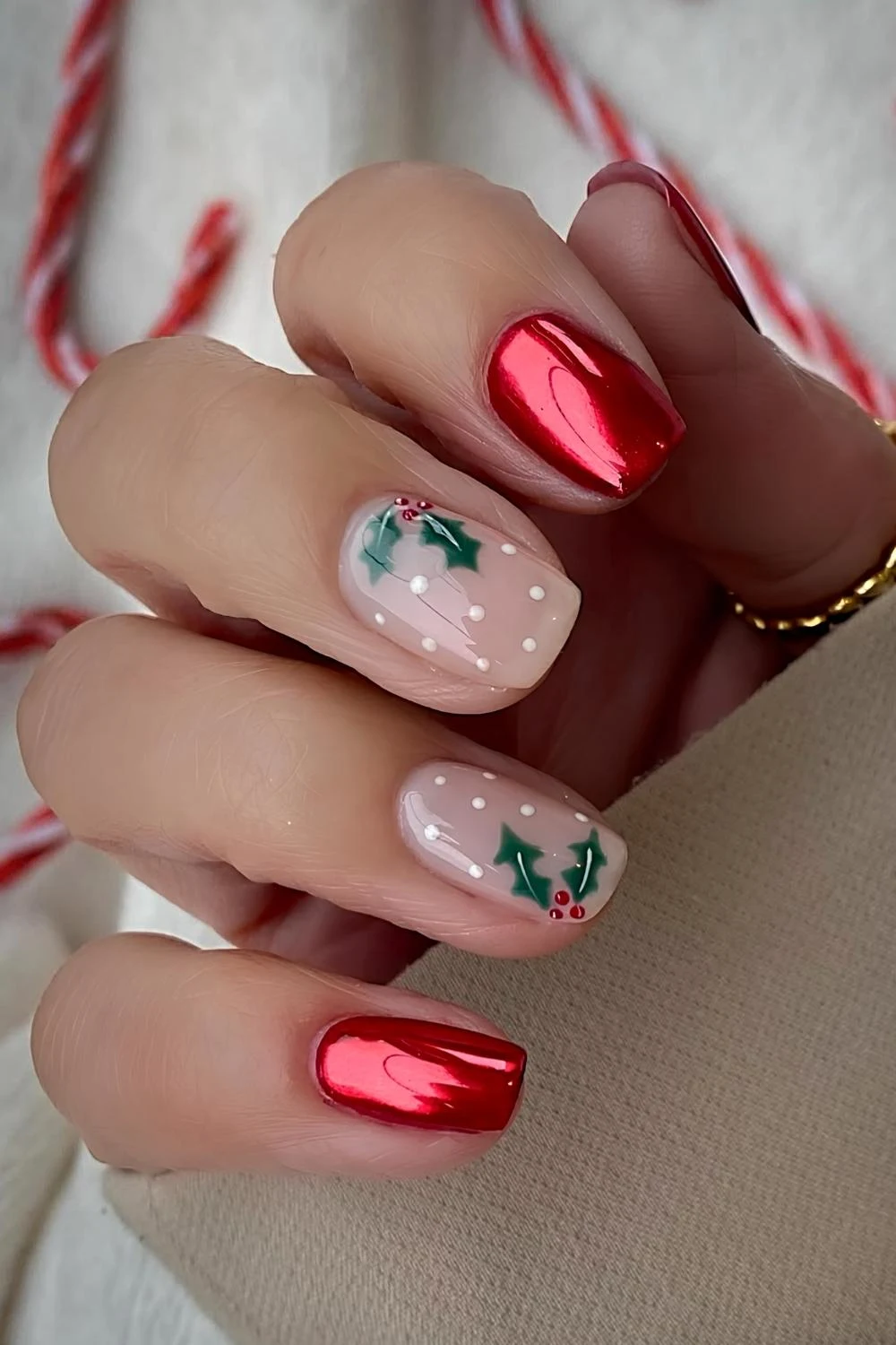Red chrome mani with Christmas holly art