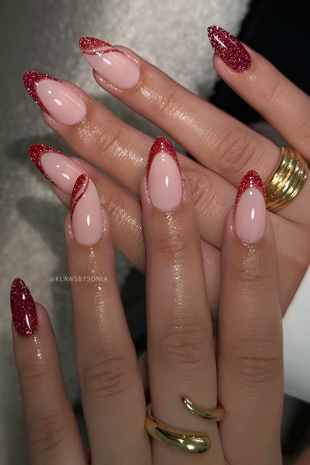 Red glitter nails with mixed layout