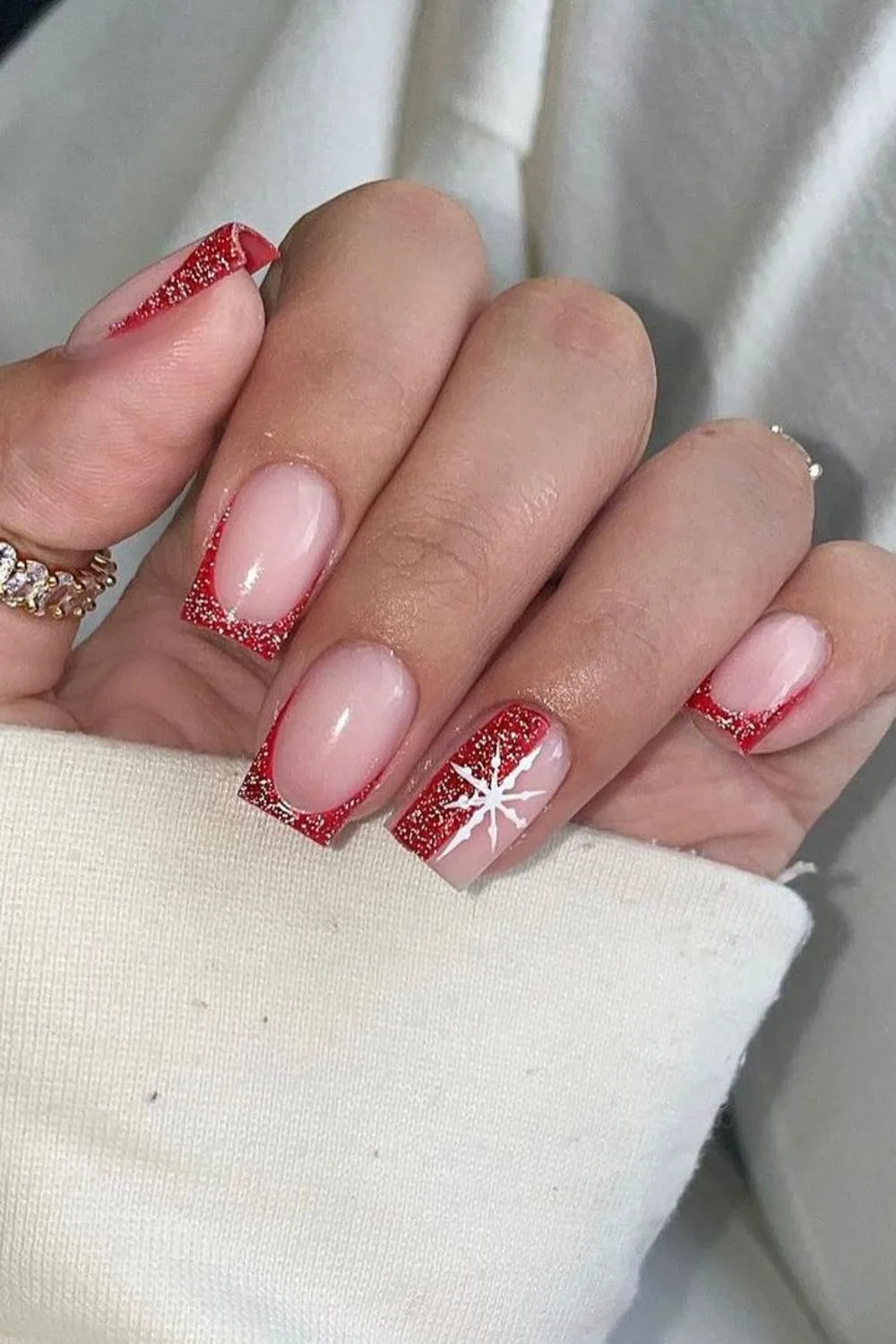 Red glitter slip french tip nails