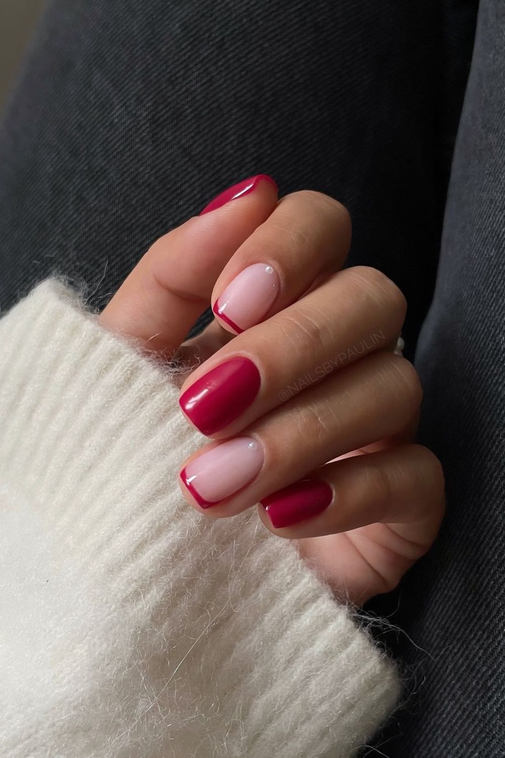 Red mani with accent french tips and pearl stickers