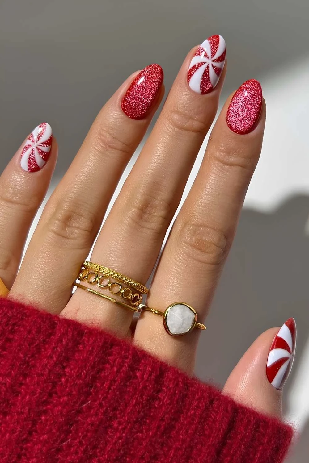 Red velvet mani with Christmas peppermint art