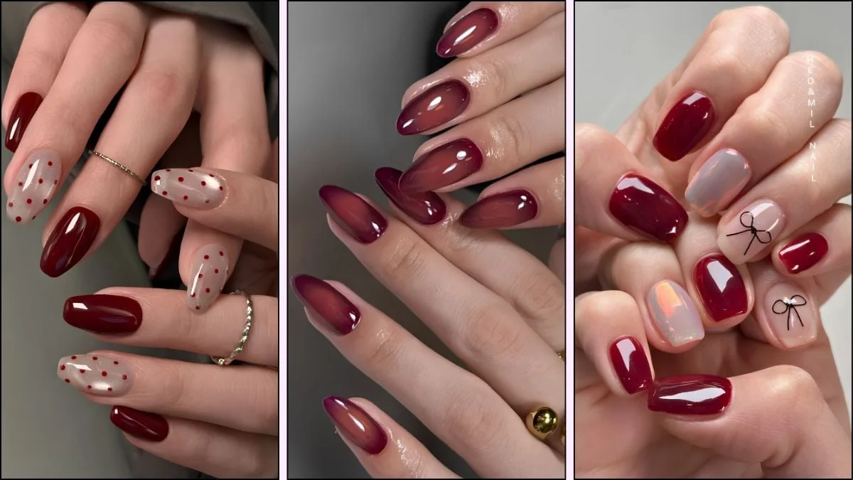 A collage of red nail designs for winter