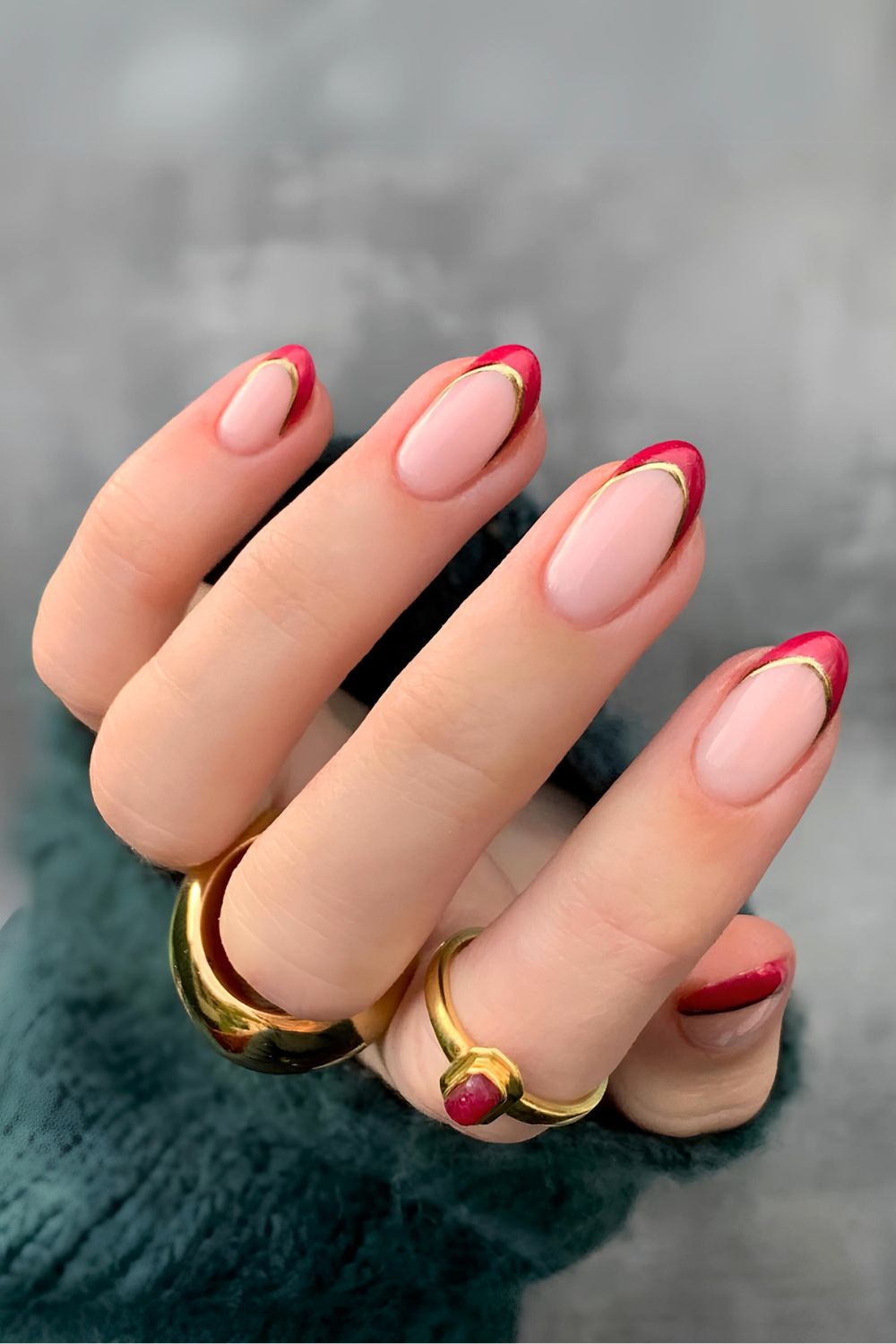 Ruby red French nails with gold outline