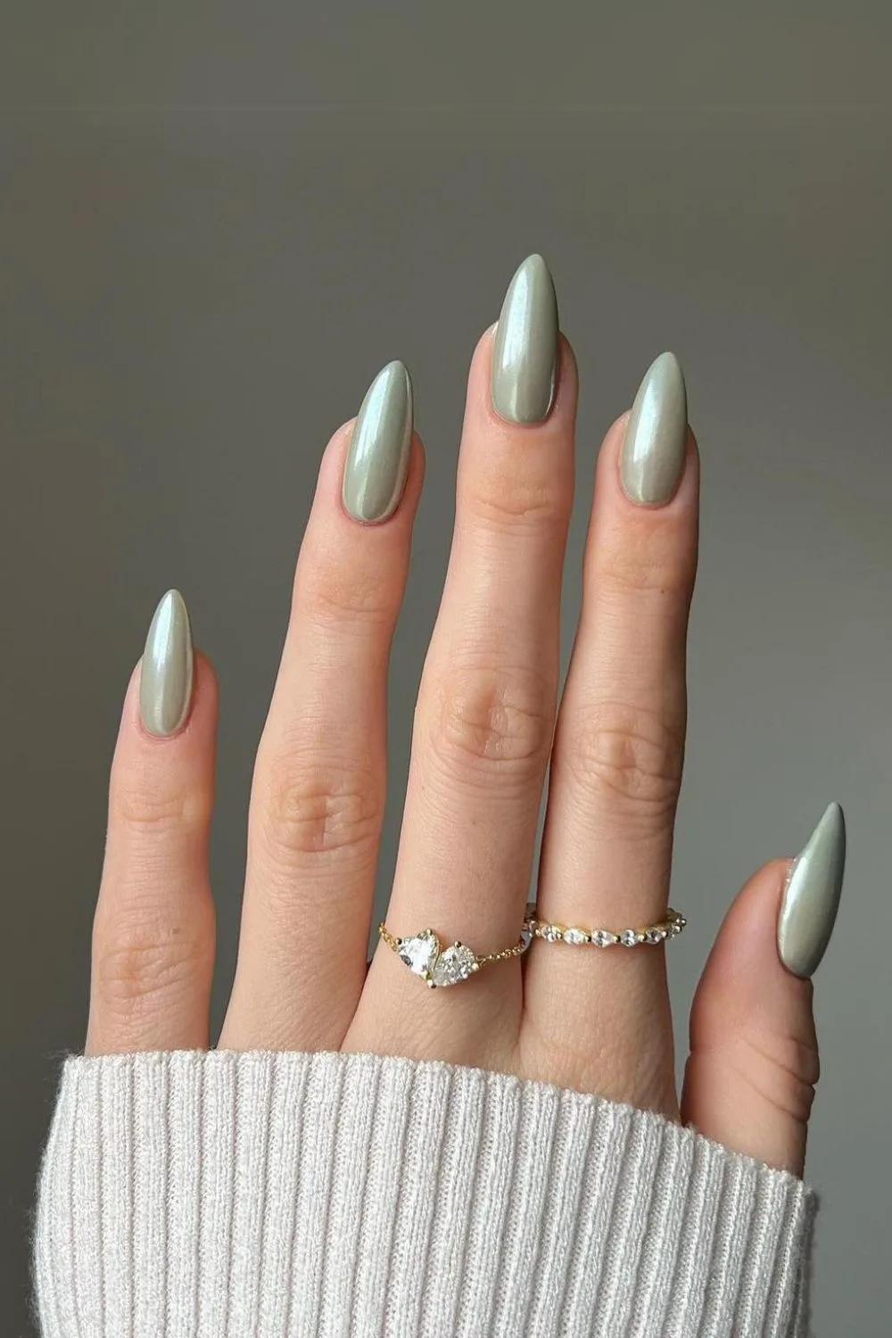 Sage green chrome-effect nails