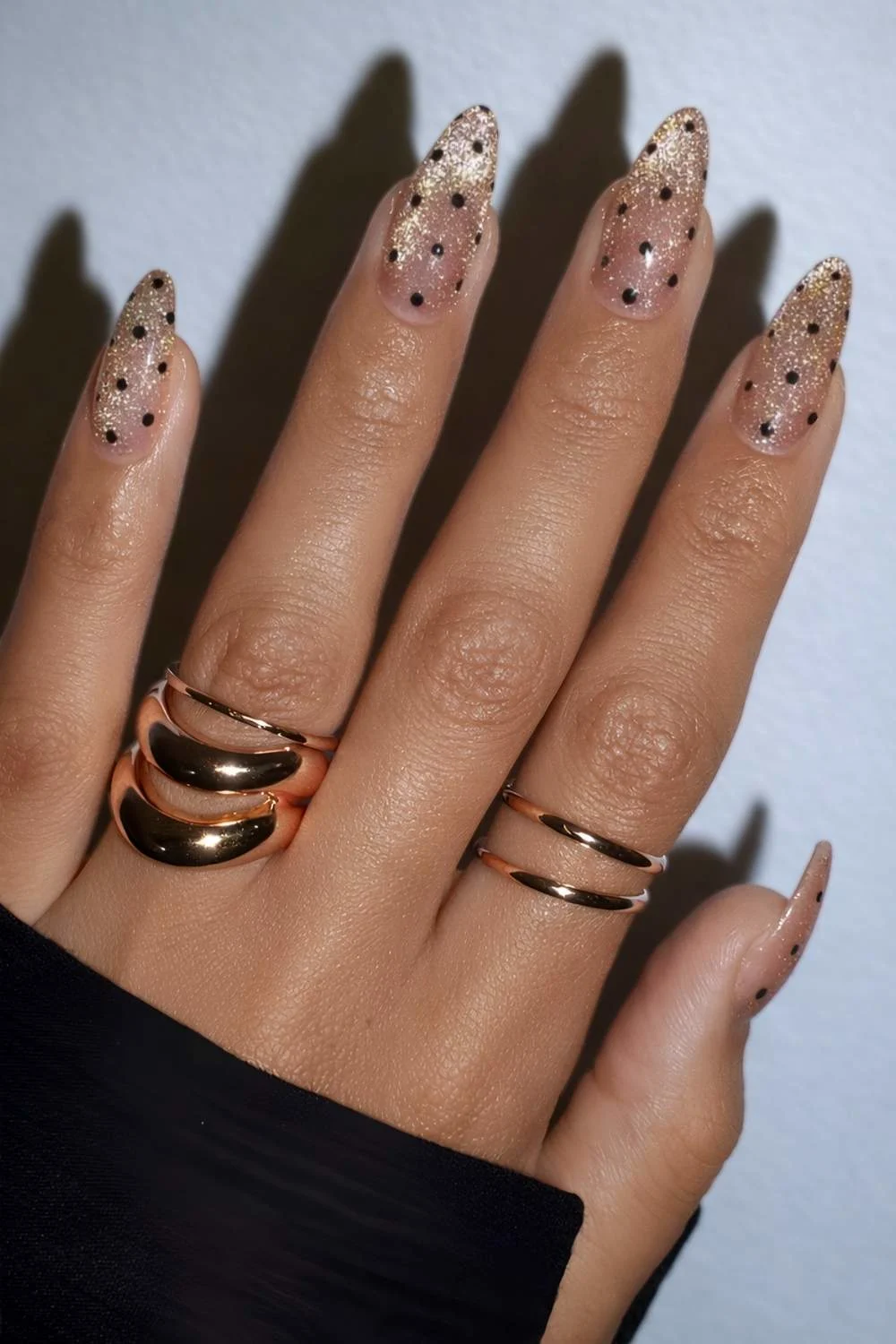 Sheer velvet nails with black polka dots