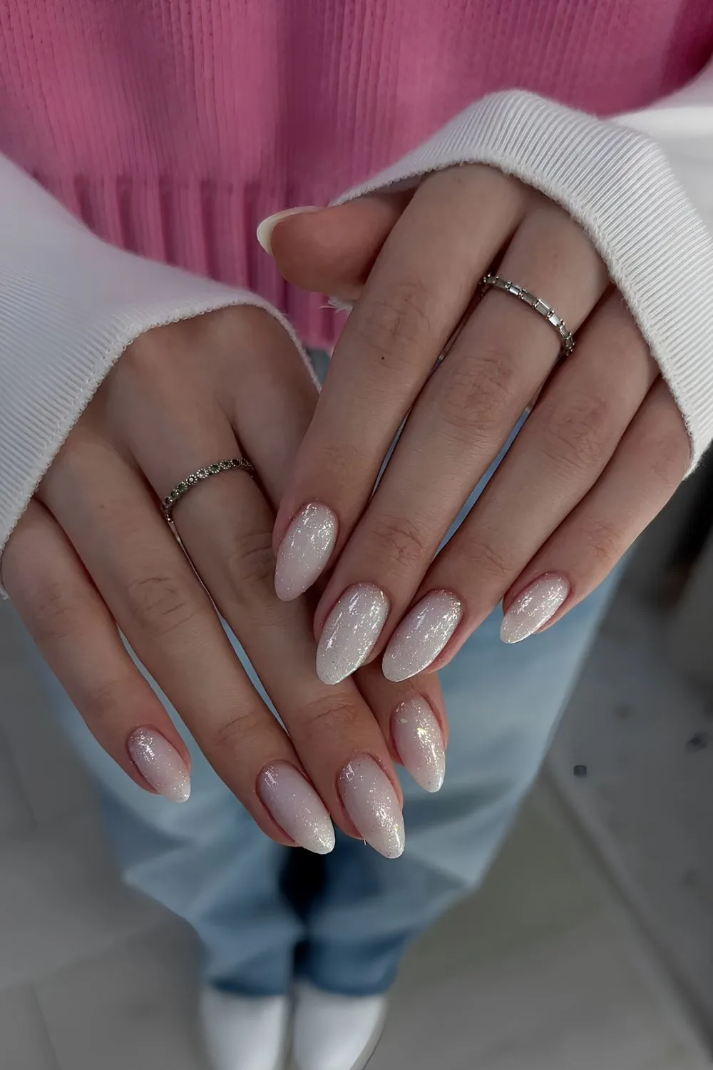 Shimmery milky white nails