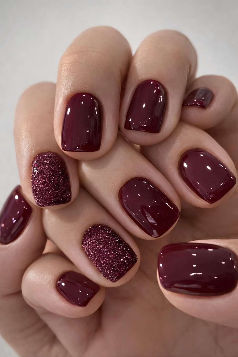 Short cherry mocha nails with glitter
