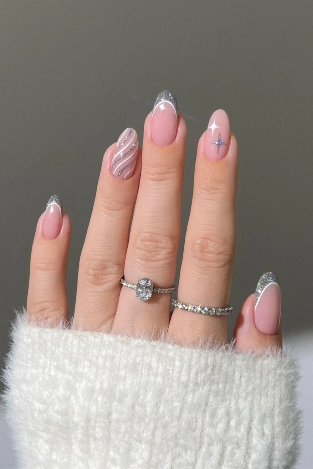 Silver Christmas themed French nails