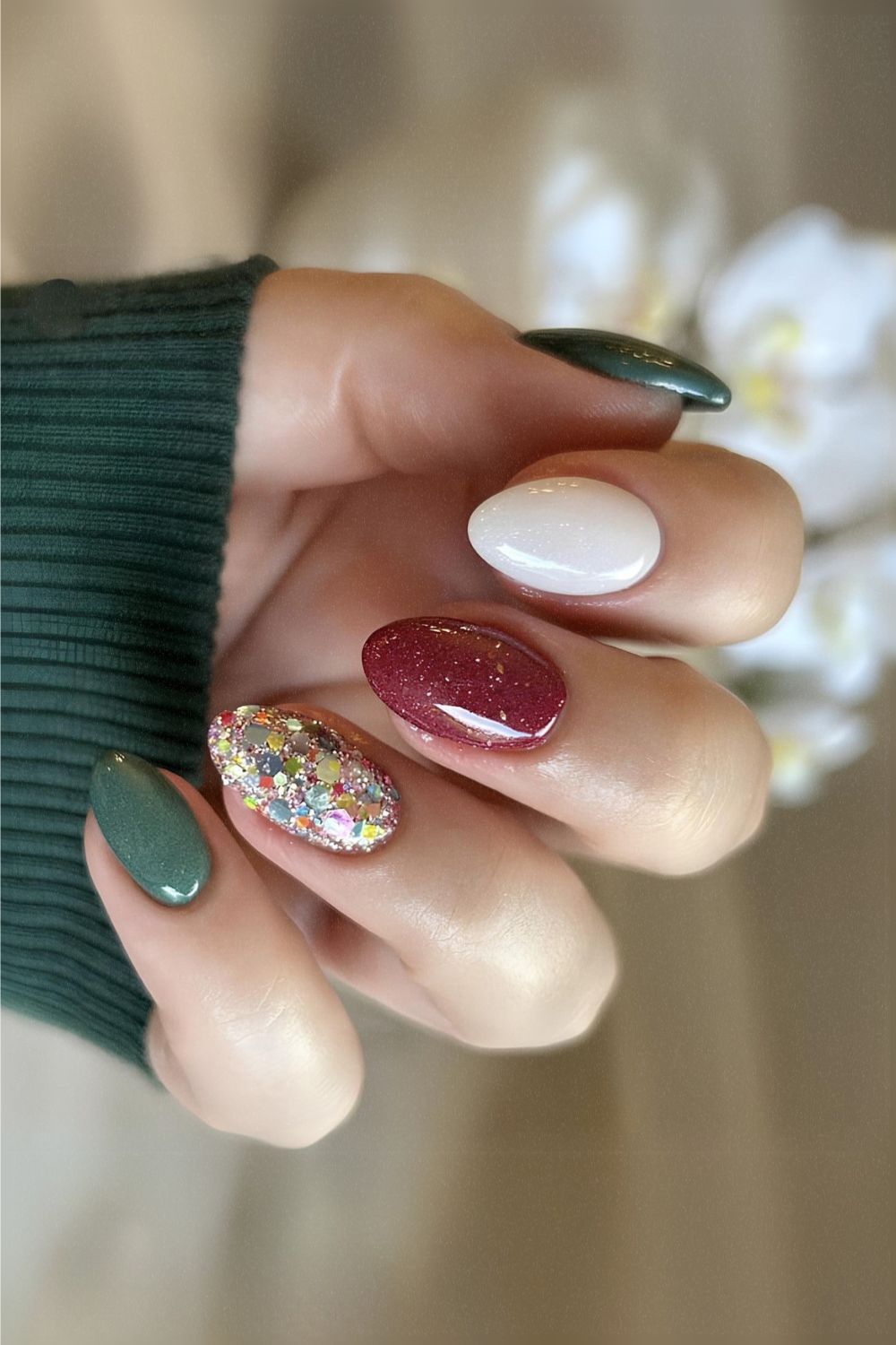 Skittle Almond Christmas nails with glitter