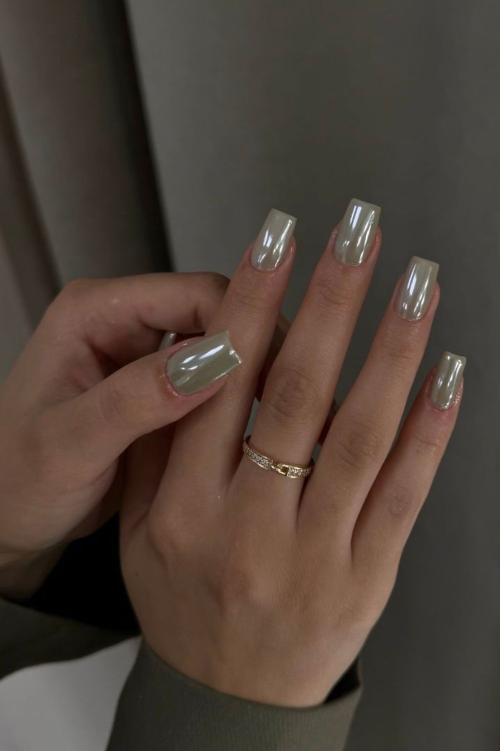 Soft green crystal chrome nails