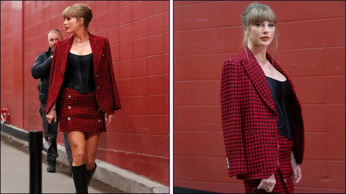 A collage of two pictures of Taylor Swift skirt suit