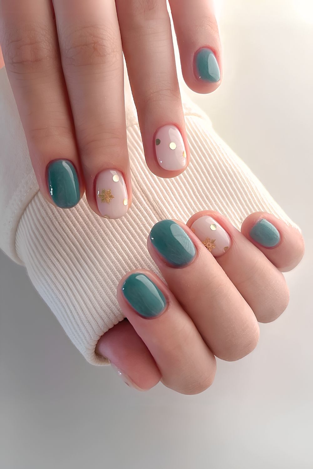 Teal green mani with snowflakes and polka dots