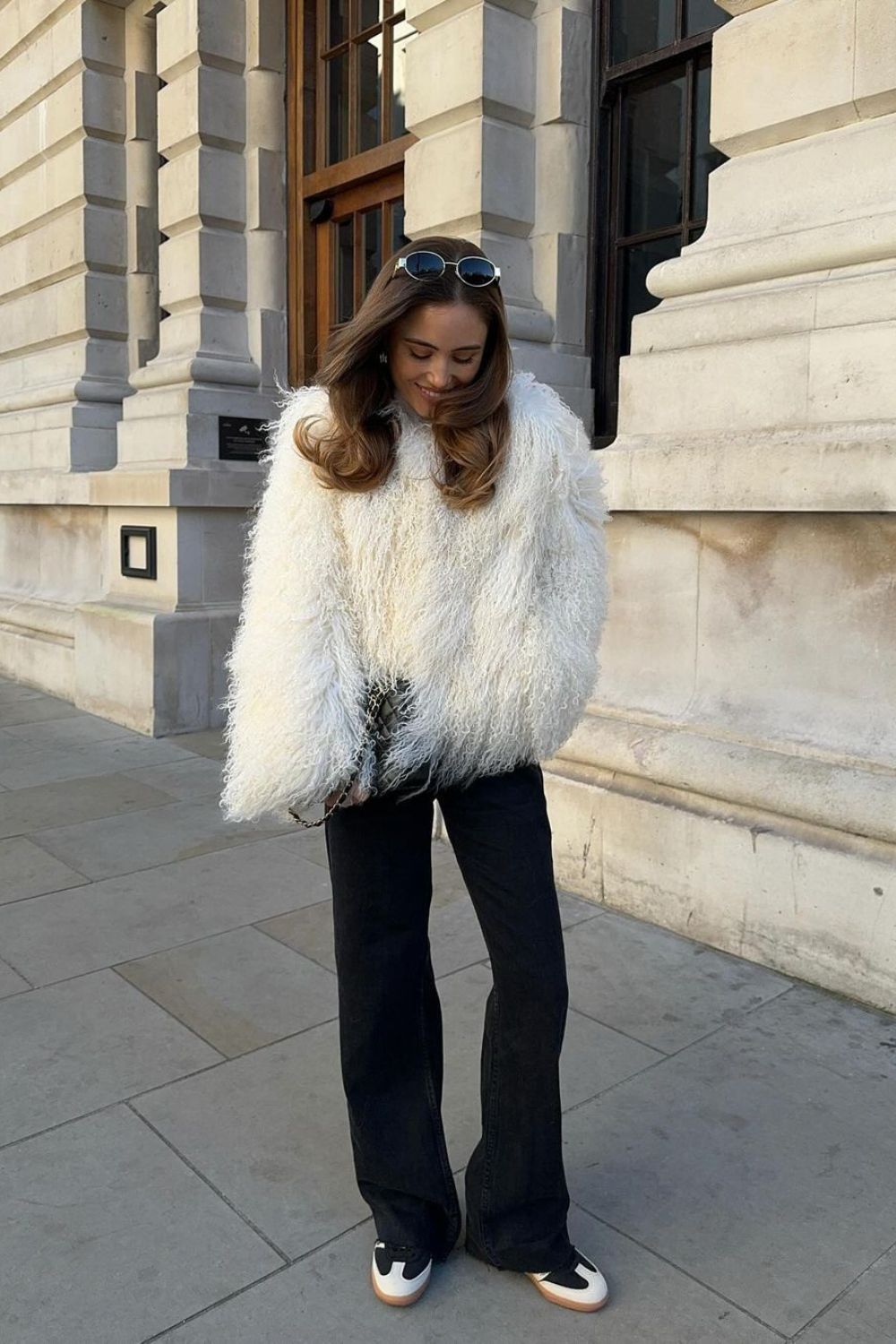 White Fluffy Jacket & Wide-Leg Jeans