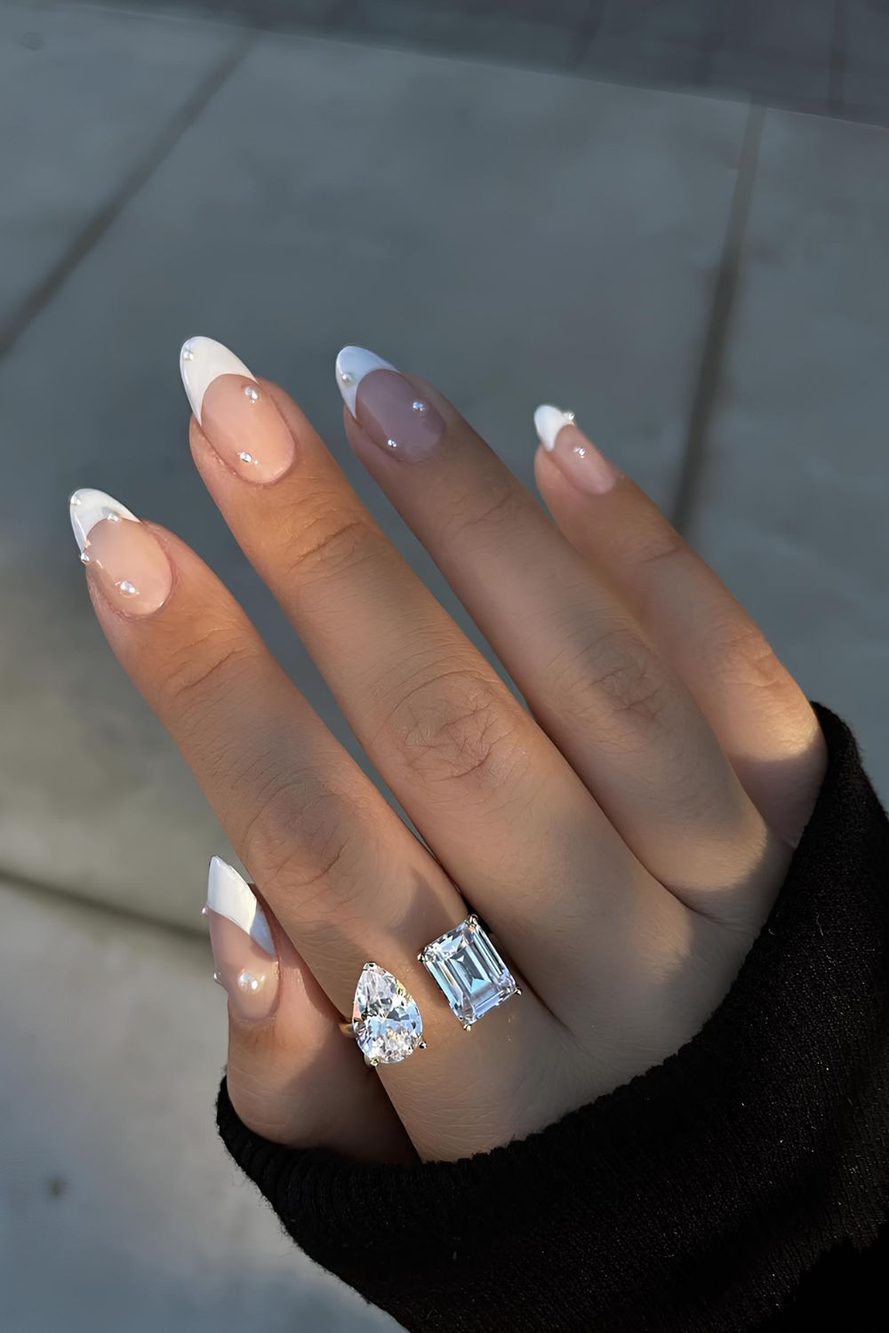 White Frech tip nails with pearl stickers