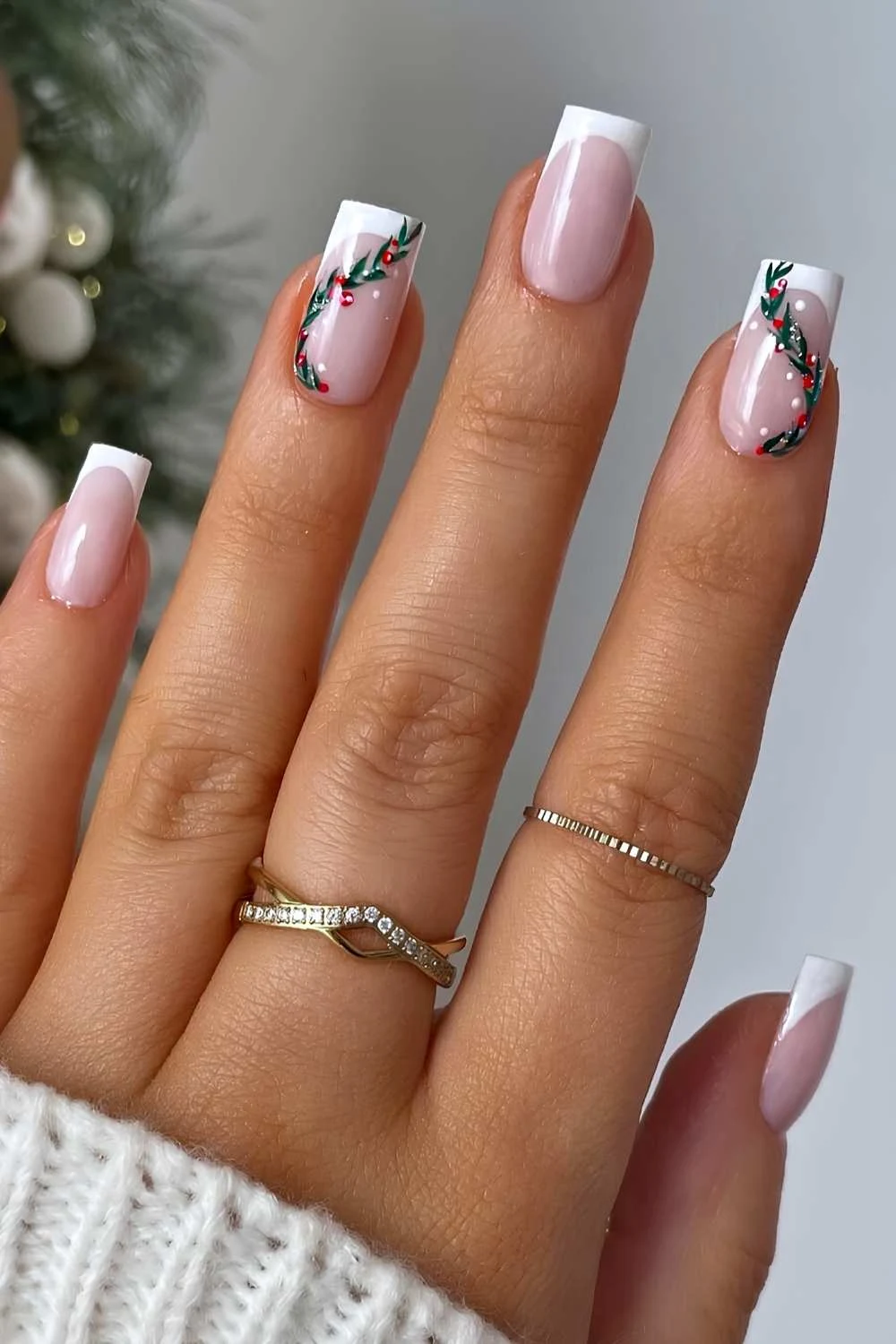White French mani with Christmas holly art