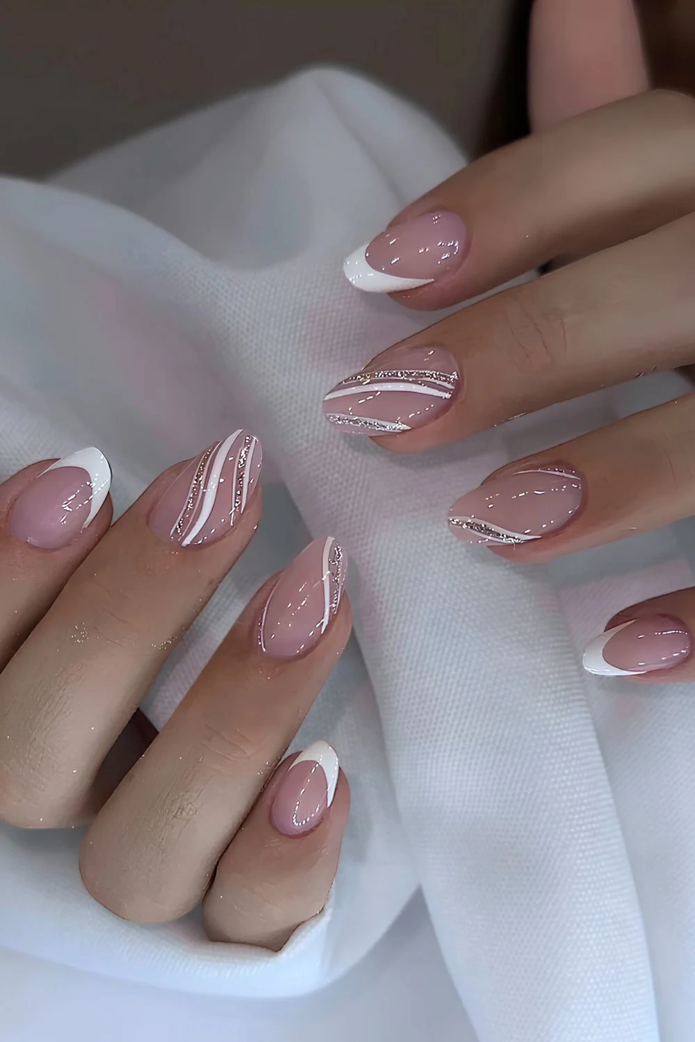 White French mani with glitter line art