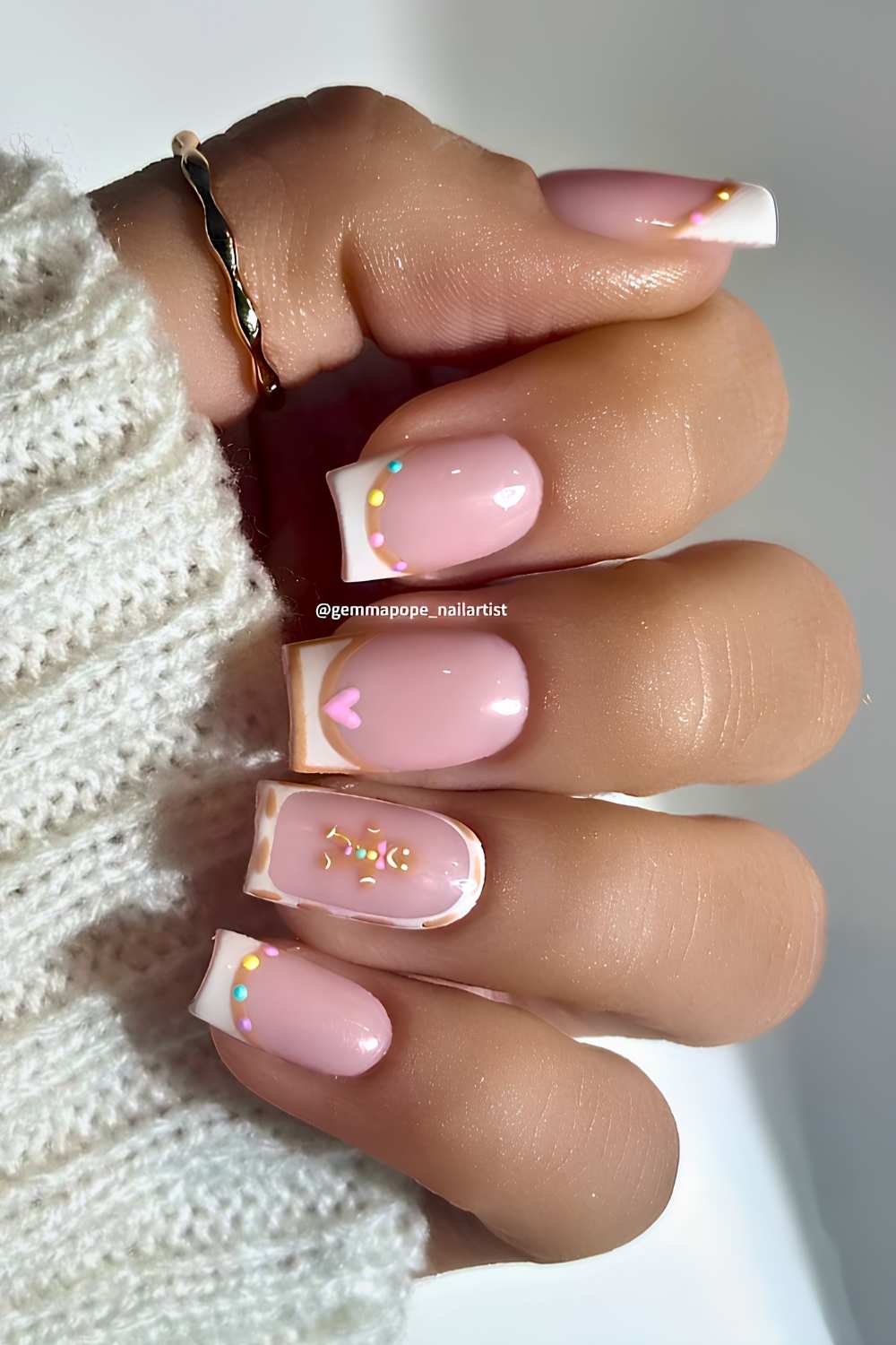White French mani with hearts and gingerbread art