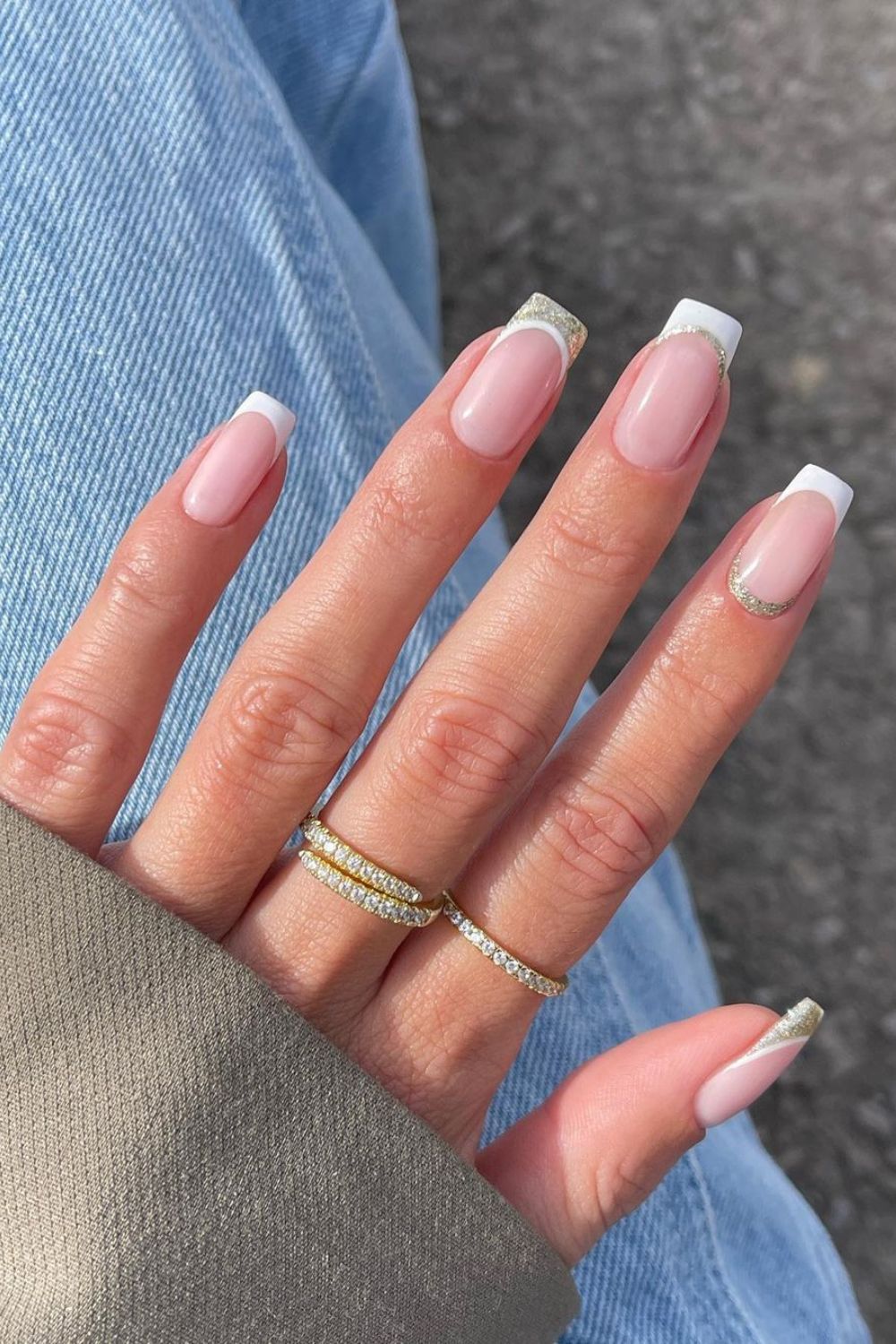 White and gold glitter french tip nails