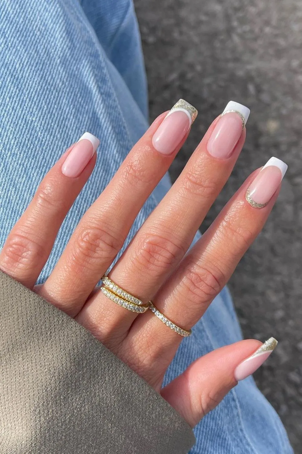 White and gold glitter french tip nails