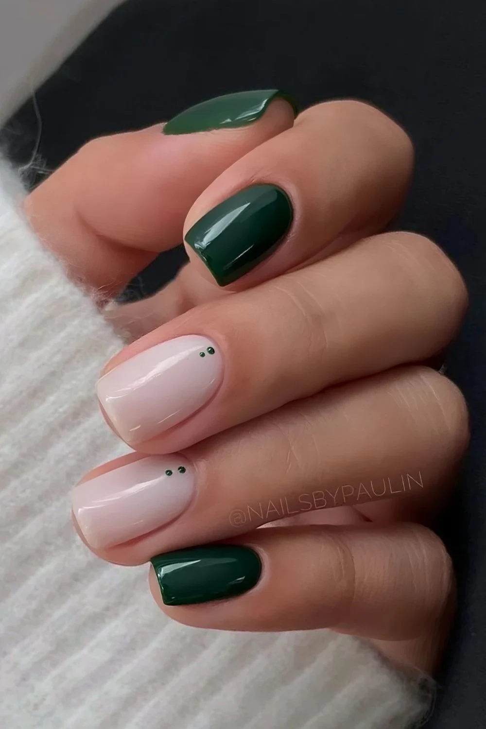 White and green nails with micro dot art