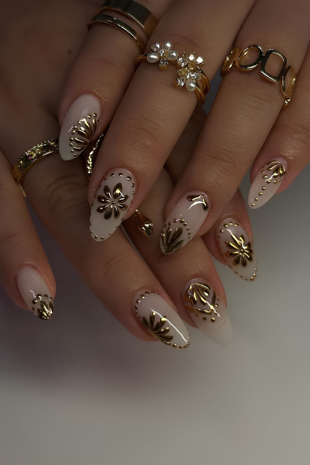 White nails with 3d chrome details