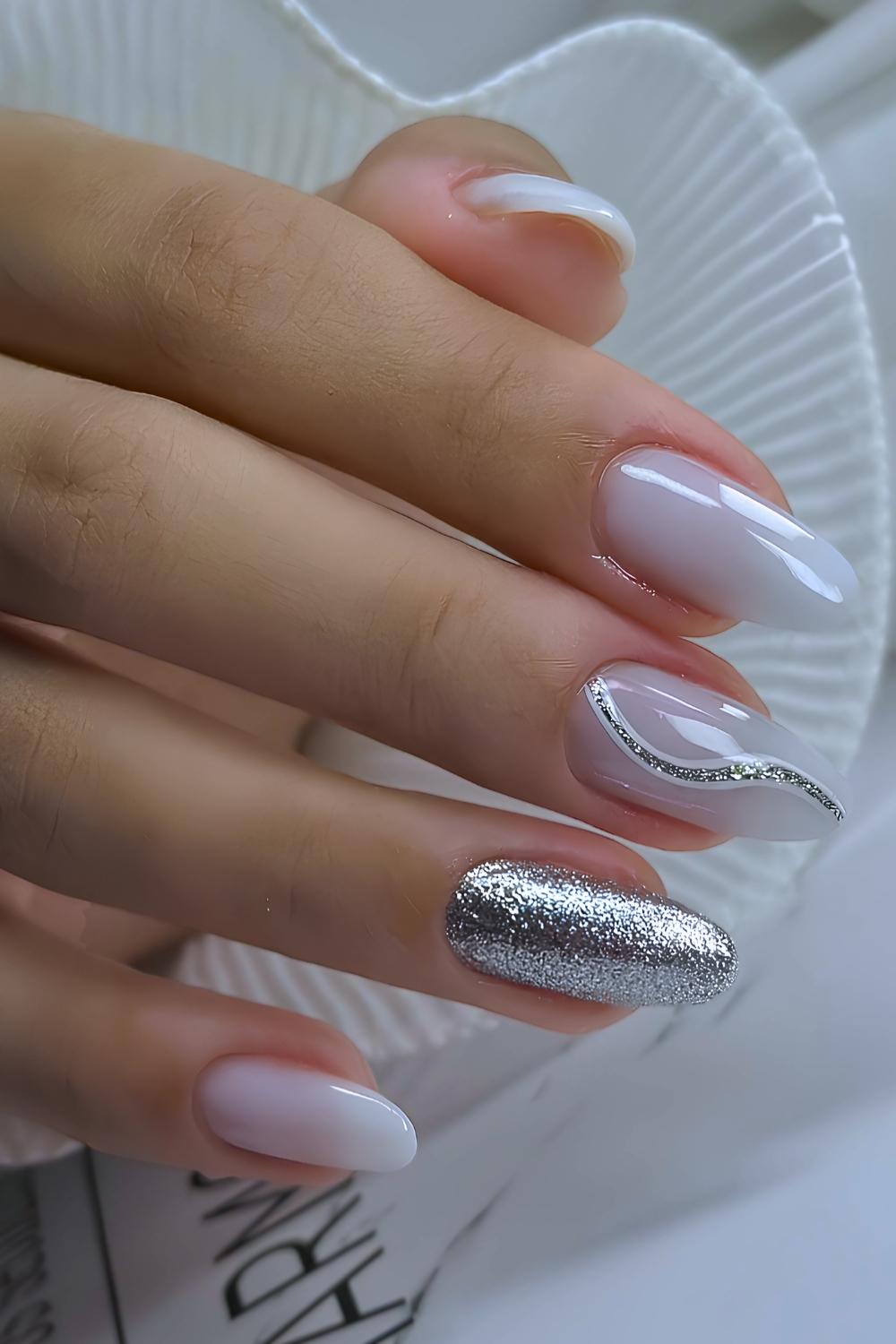 White nails with silver glitter details