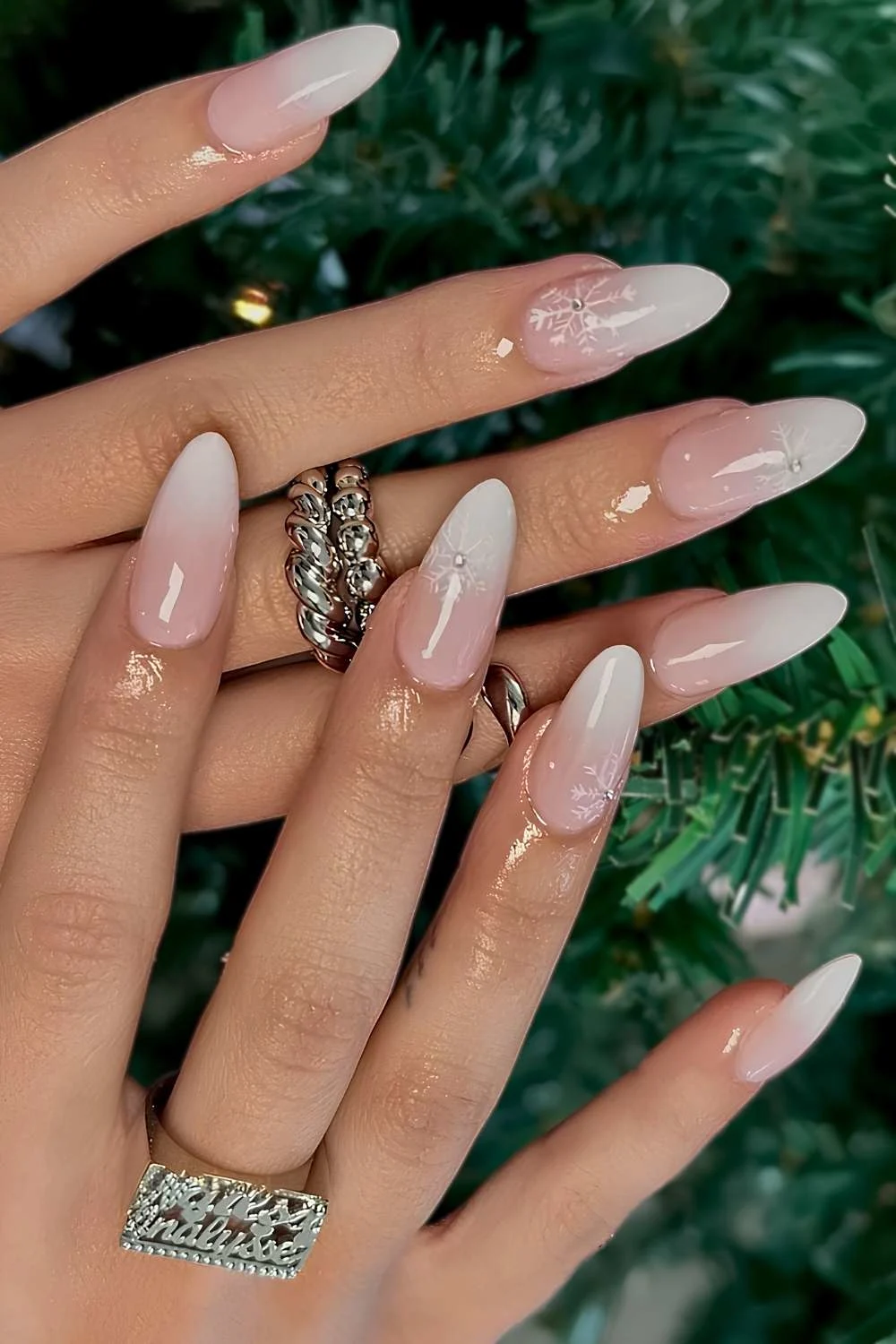 White ombre nails with winter snowflake art