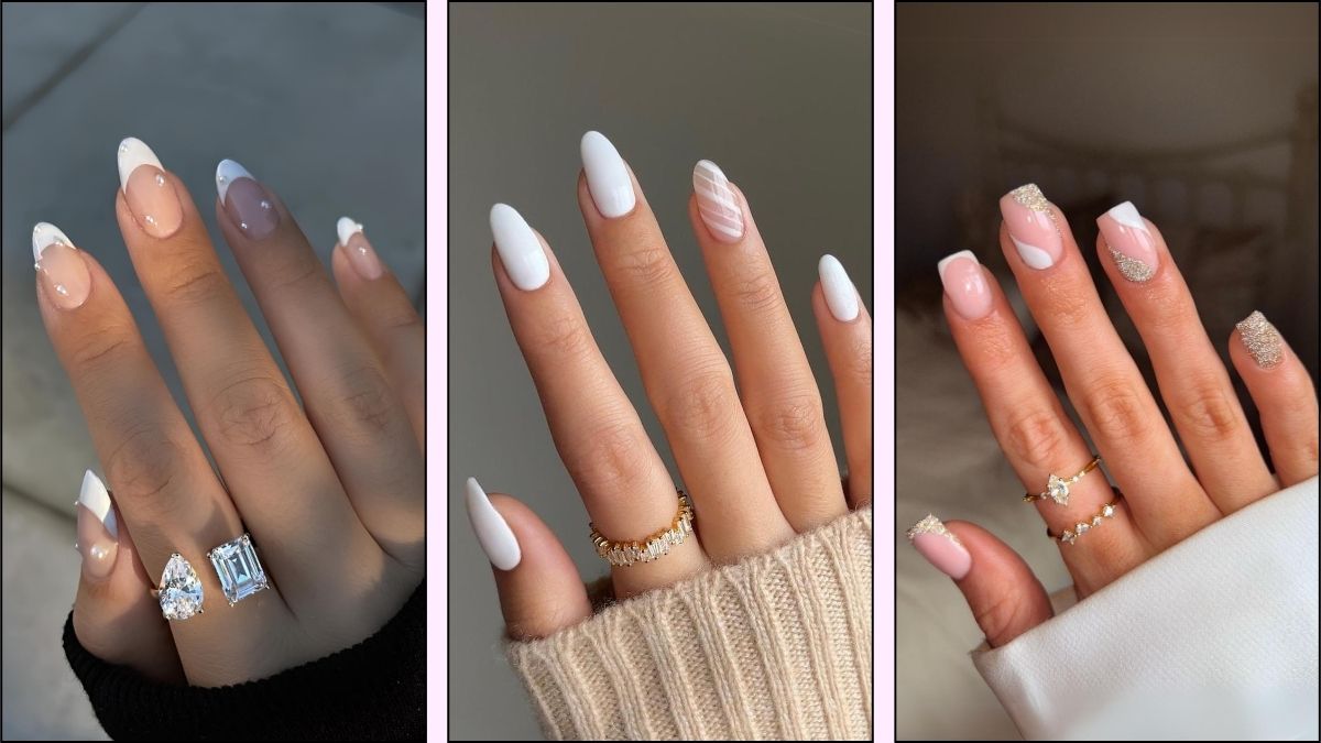 A collage of white nail desigs for winter