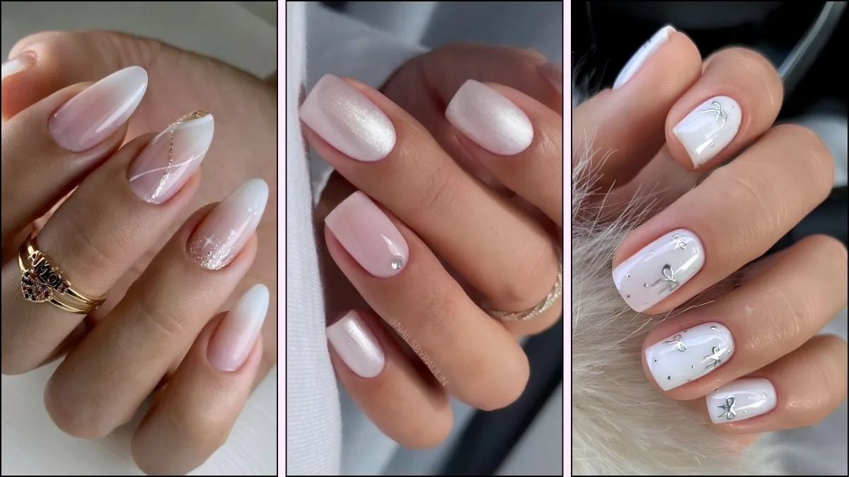 A collage of white nail designs for winter