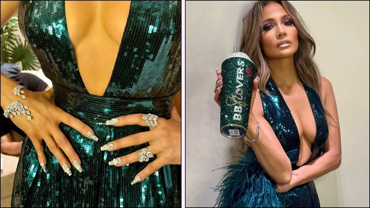 a collage of two pictures of crystal-covered nails worn by famous singer