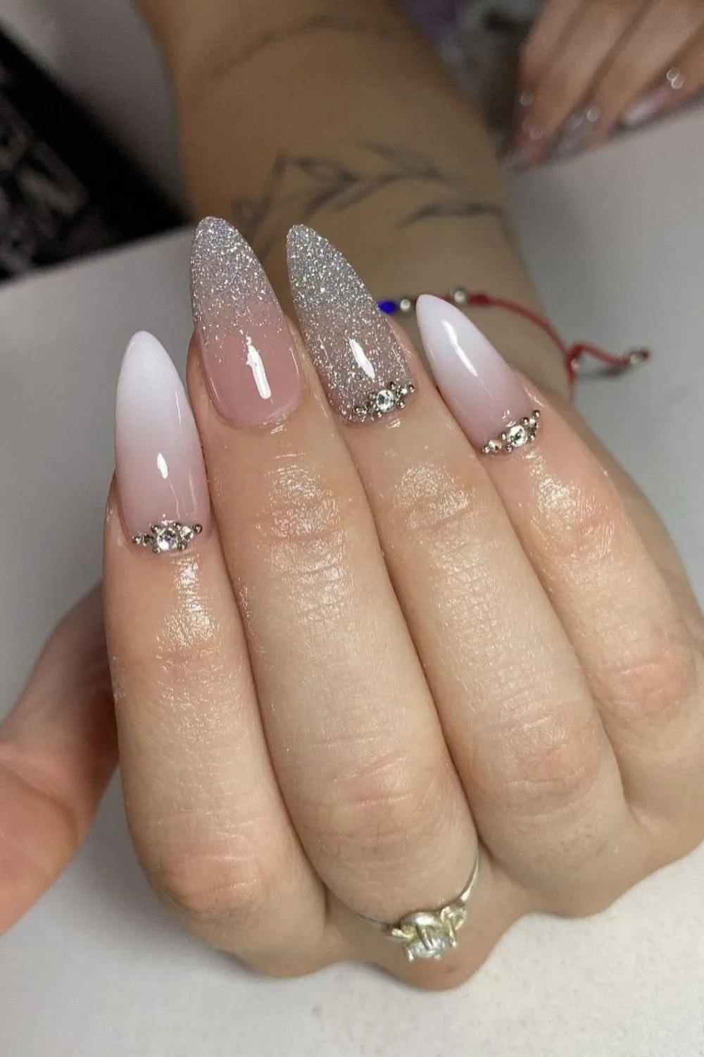 Baby boomer nails with shimmer and crystals