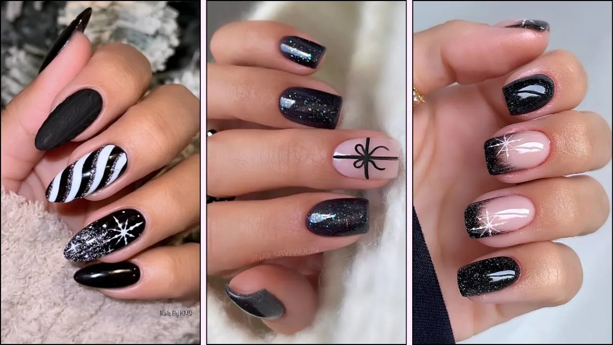 A collage of black nail designs for Christmas