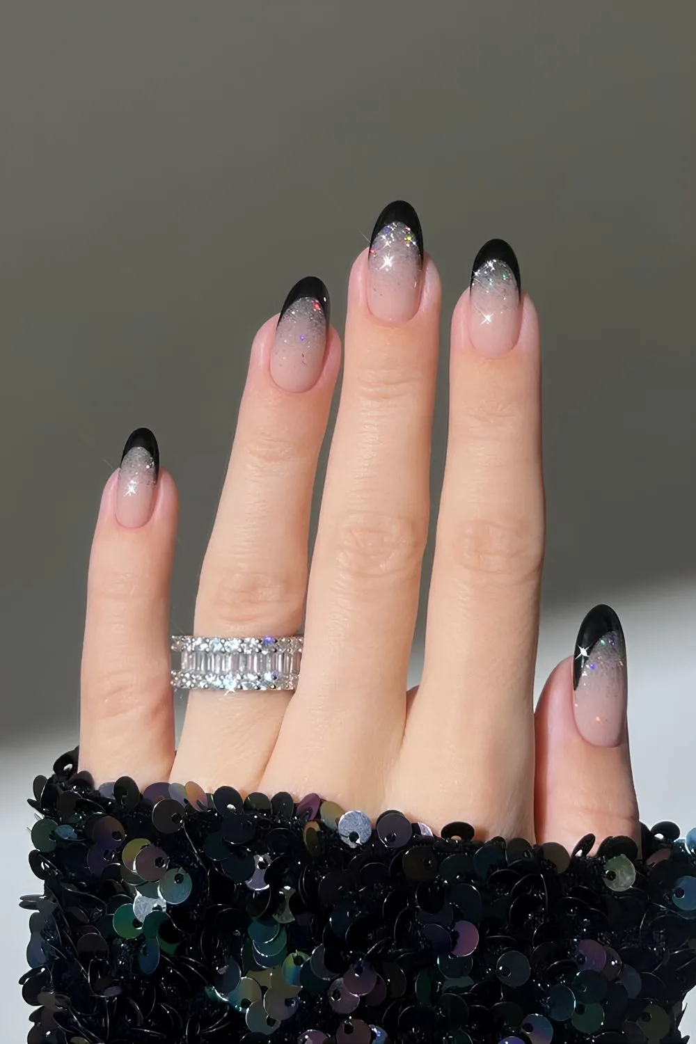 Black French nails with silver glitter