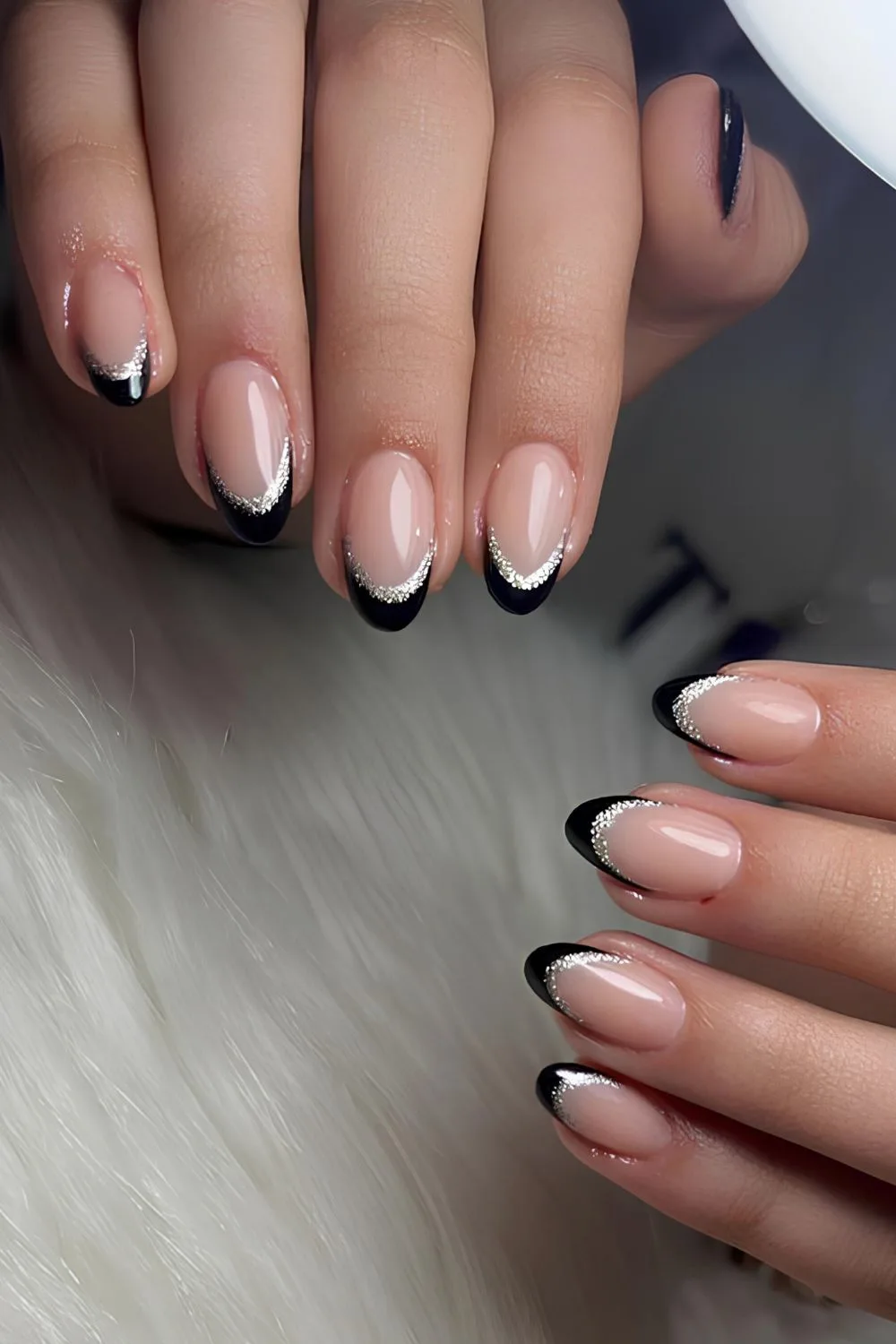 Black French nails withs+ silver glitter edge