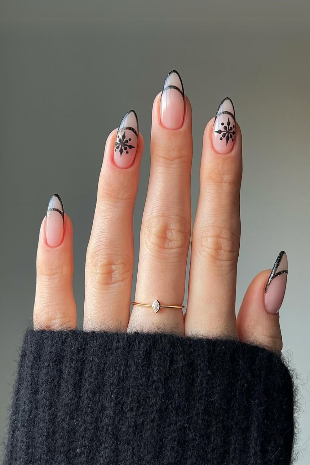 Black French tip outline nails with snowflakes