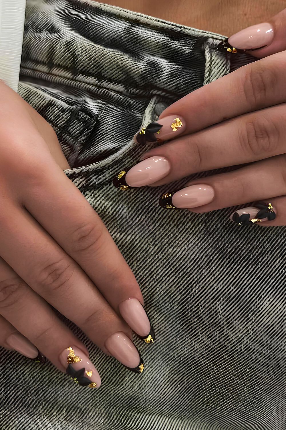 Black and gold floral nails