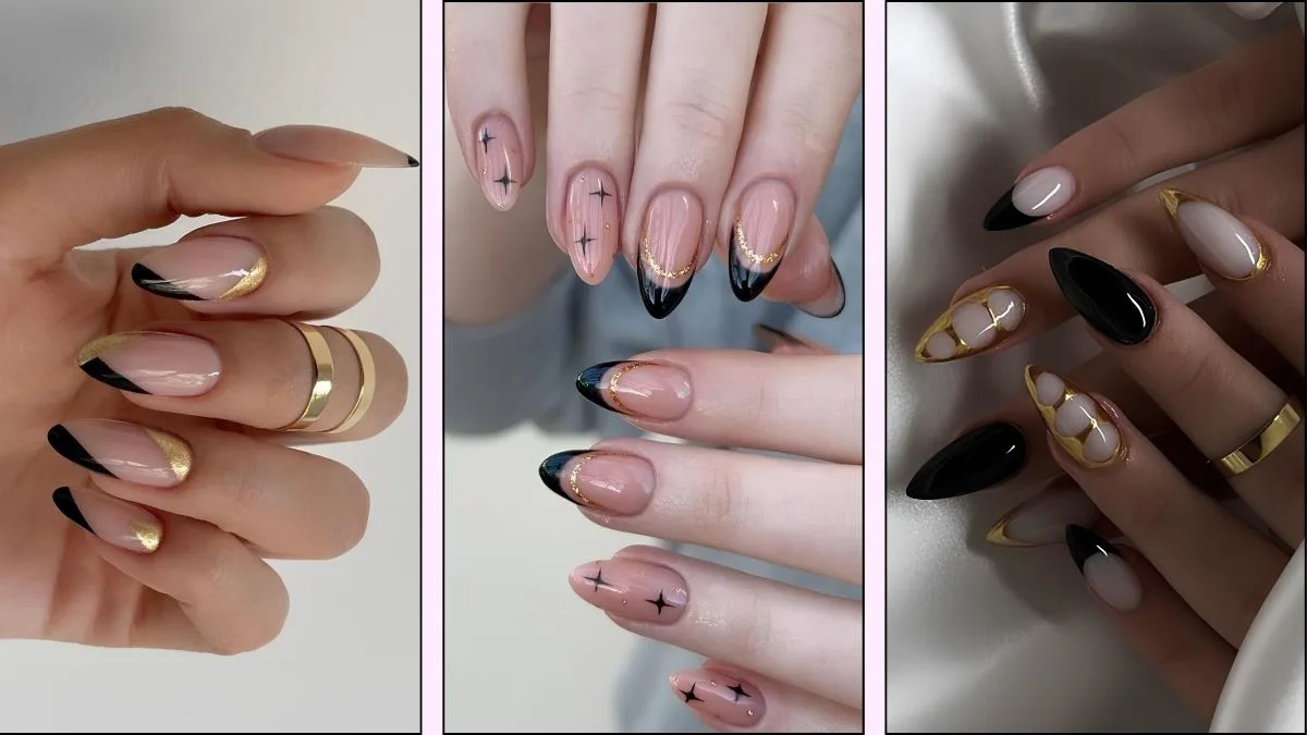 A collage of black and gold nail designs