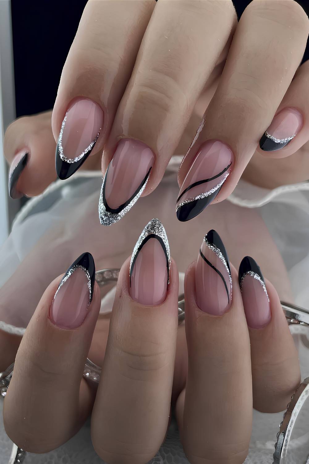 Black and silver glitter French manicure