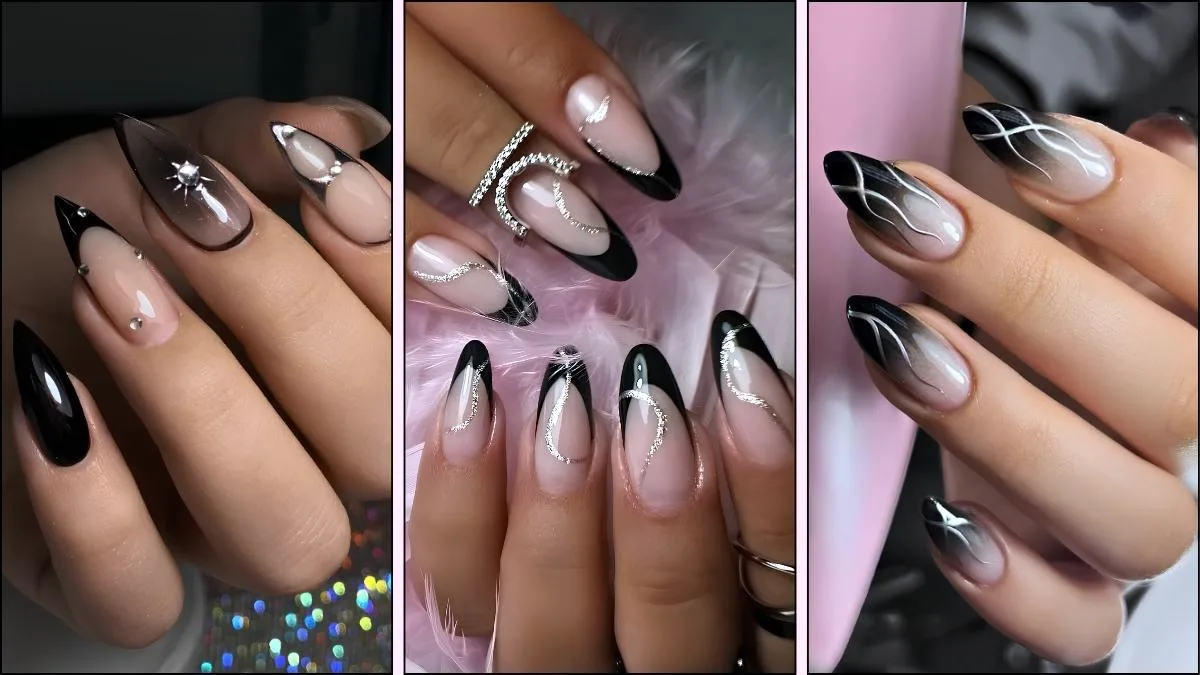 A collage of black and silver nail designs