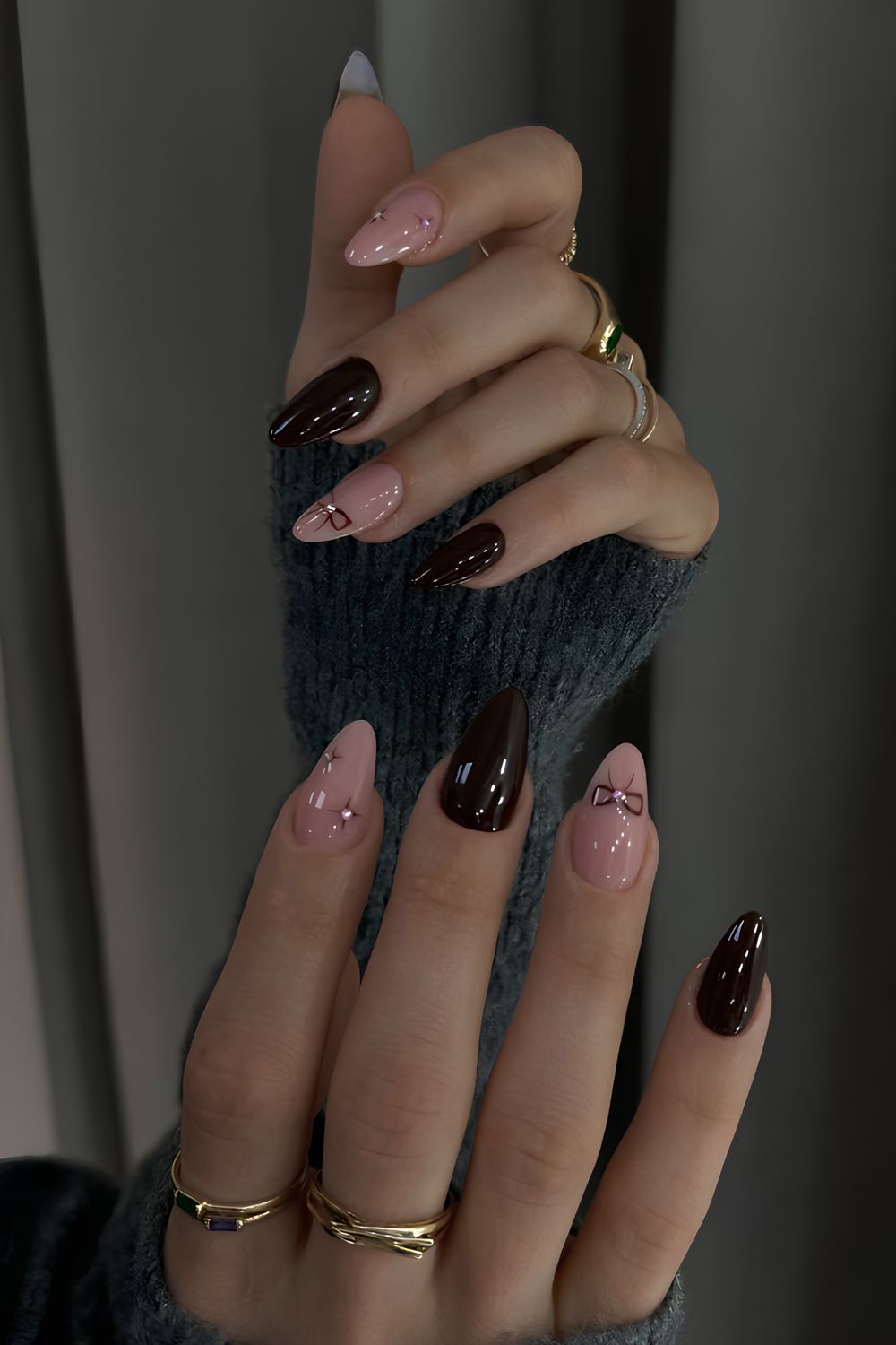 Black cherry nails with stars and bows