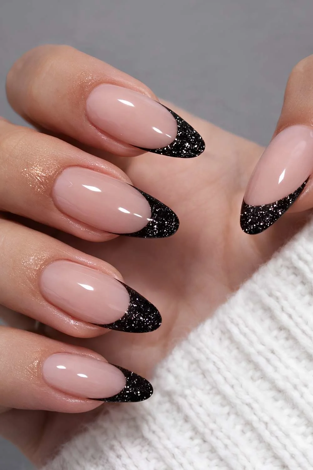 Black glitter French tip nails