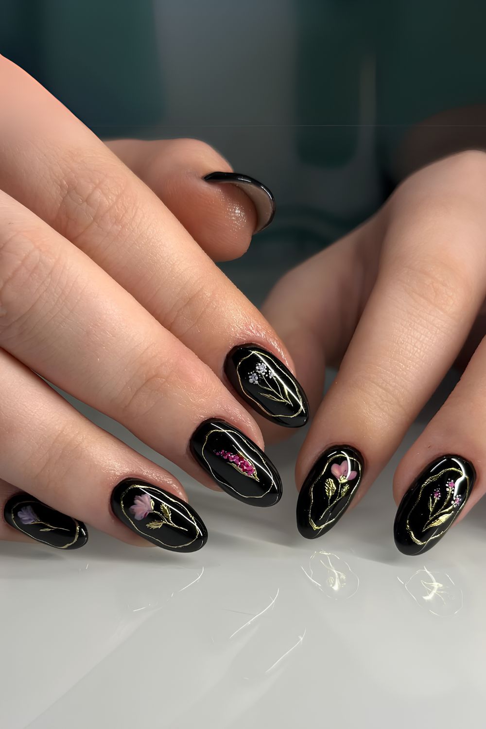 Black mani with floral accents