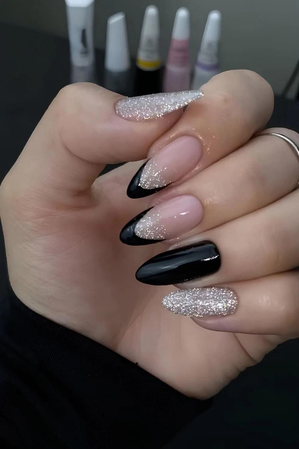 Black mani with silver glitter