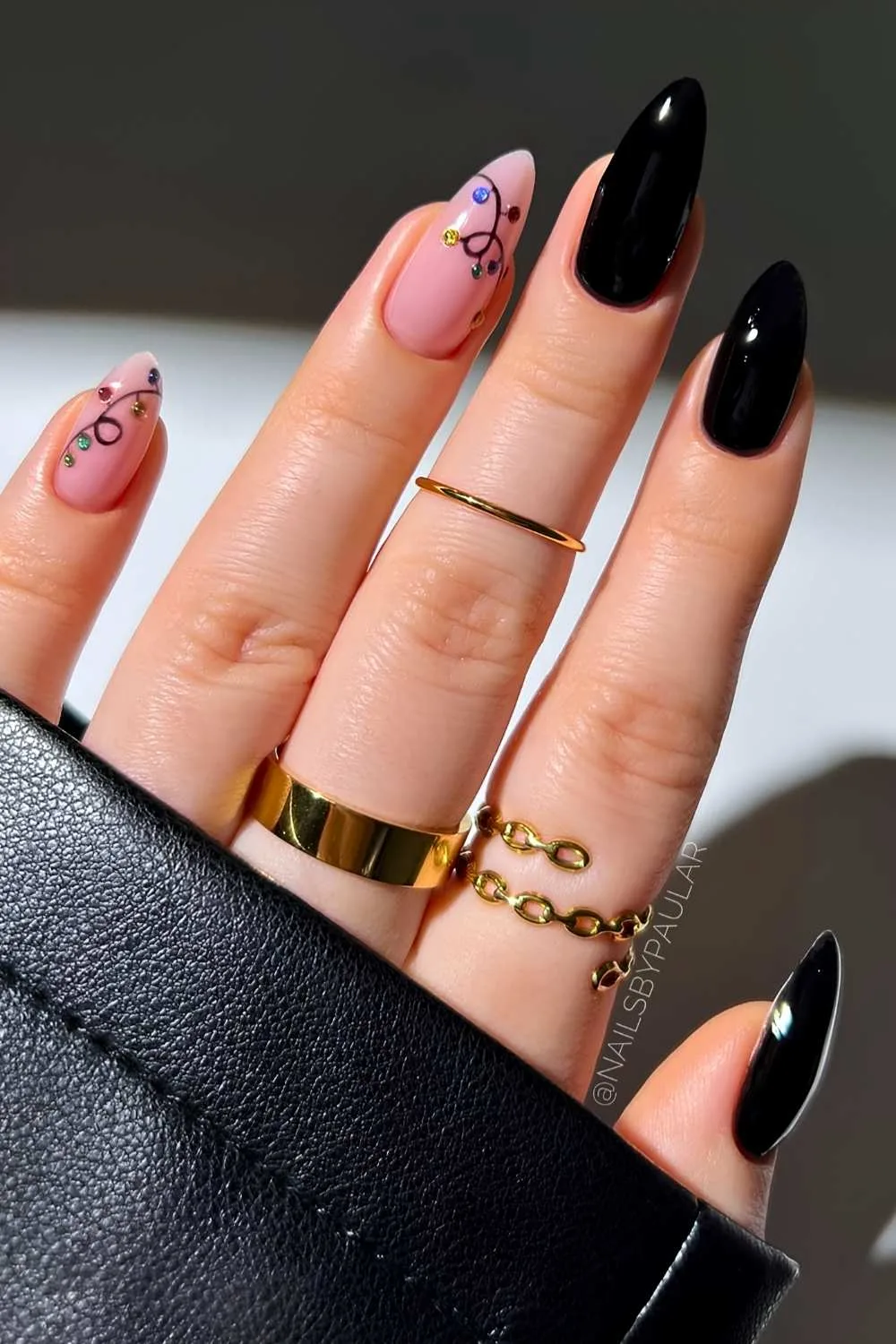 Black nails with Christmas light art