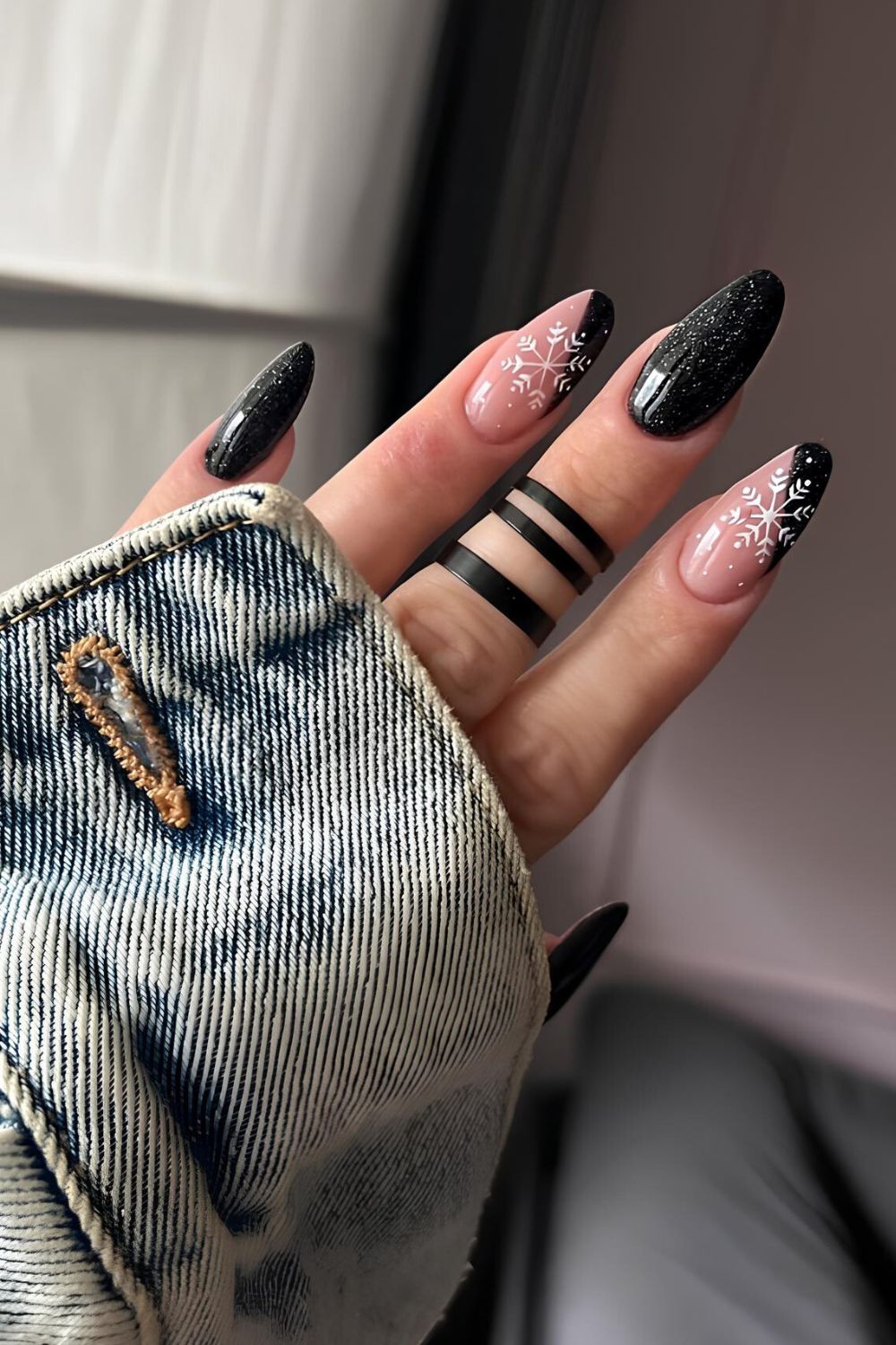 Black side tip nails with snowflakes