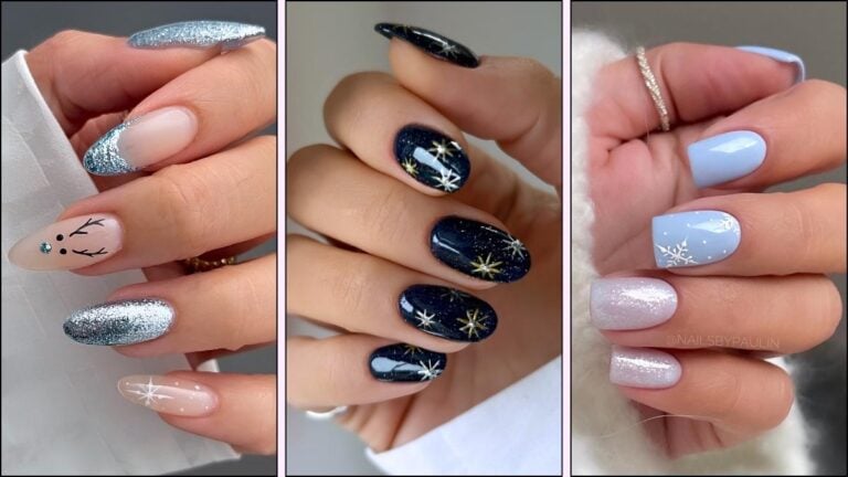 A collage of blue nail designs for Christmas