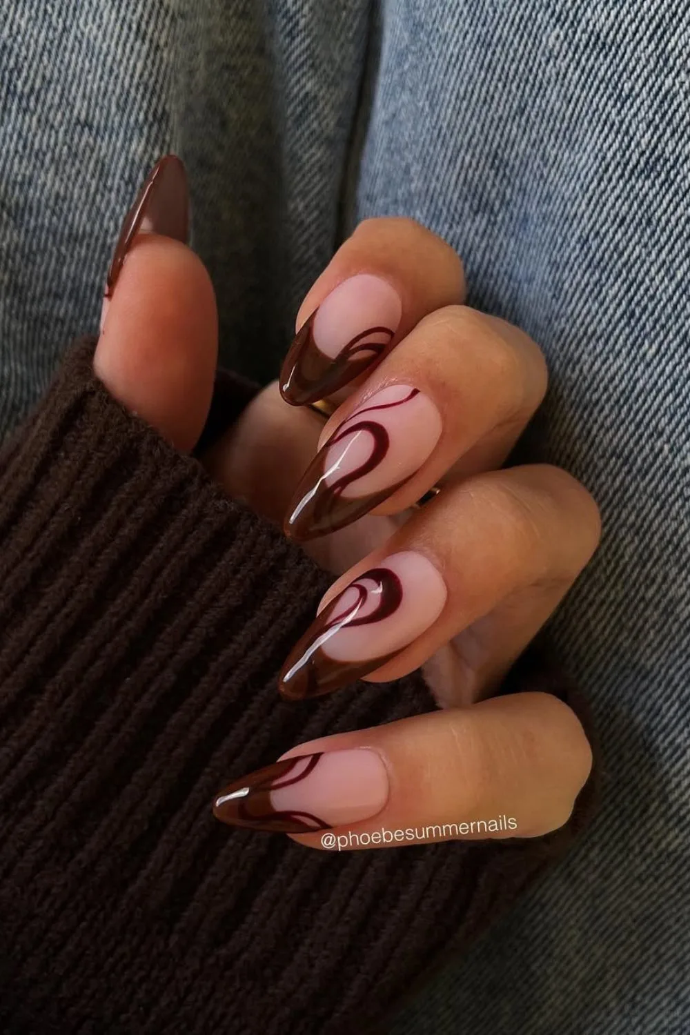 Brown French tips with cherry mocha swirls