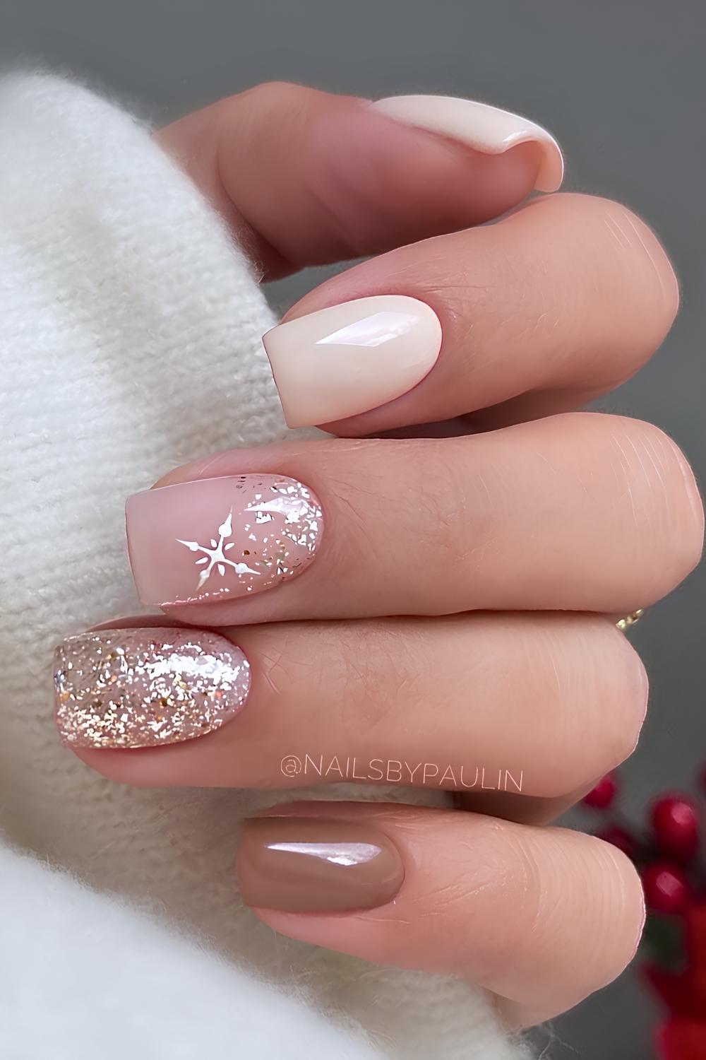 Brown and beige winter nails with snowflakes and glitter