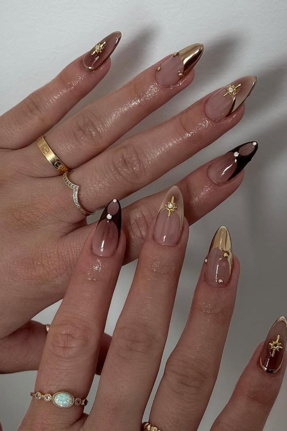 Brown and gold mix and match French tip nails