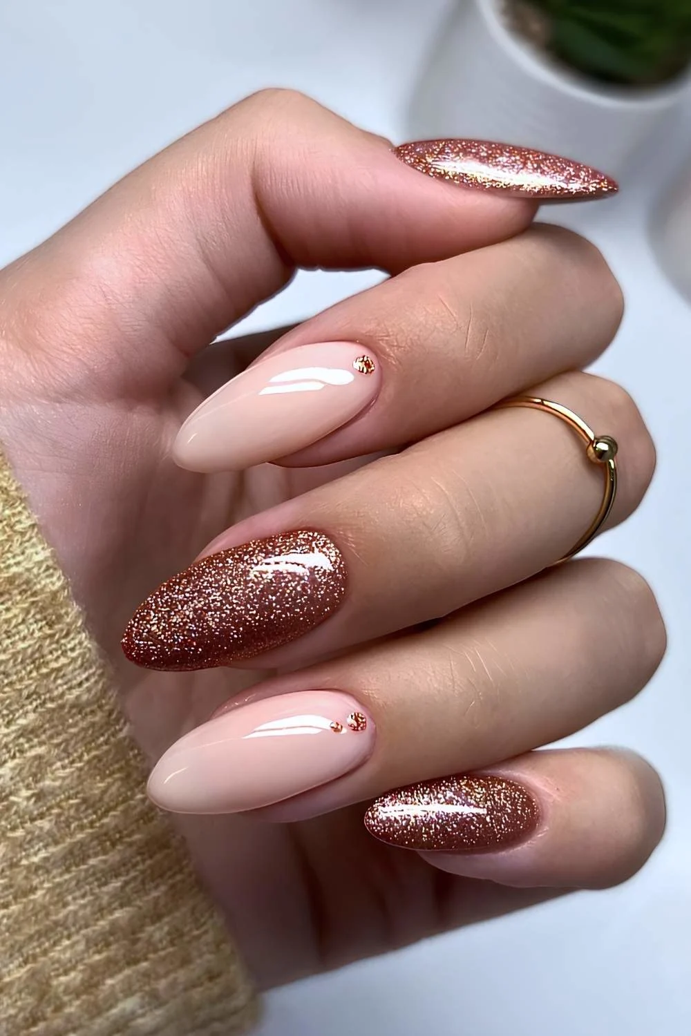 Brown glitter nails with micro dot art